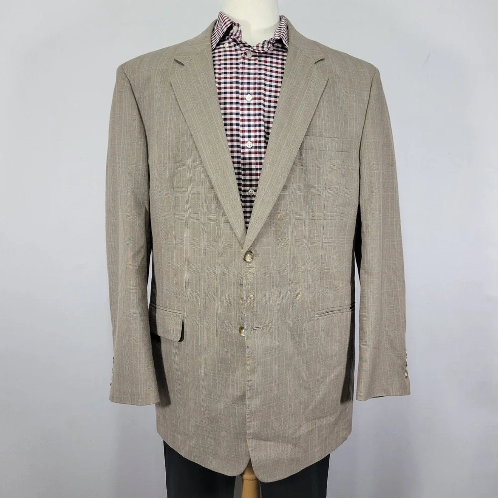 JOS A BANK Men's Sport Coat‎ Blazer Two Button Beige Plaid Cotton Wool 48L